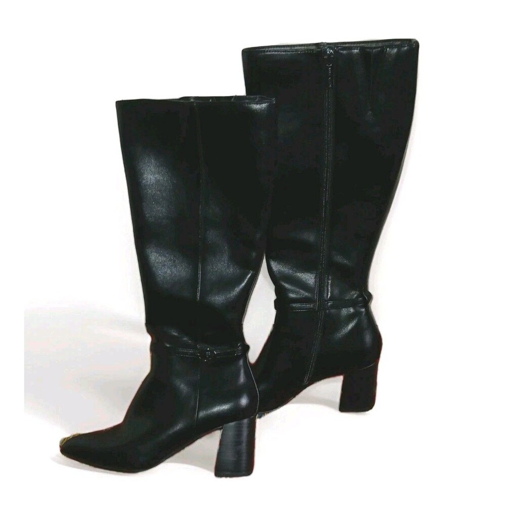 Anne Klein Black Leather Knee-High Boots Sz 6.5 Block High Heel Classic Comfort